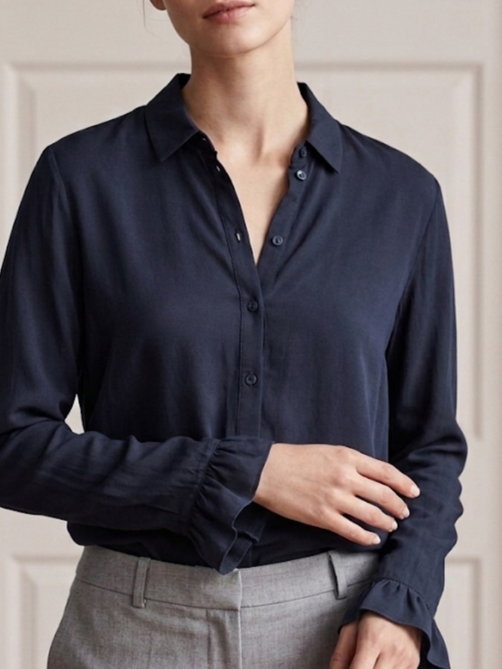 H&M Navy Button-Down Long Sleeve Blouse